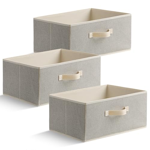 EITMOW 15.7 Inch Storage Baskets, Woven Fabric Bins, Storage Cubes with Reinforced Handles, Organizer Bins for Closet Shelves, Foldable, for Clothes (Beige, 3PCS/15.7*11*7.8inch) - Image 1
