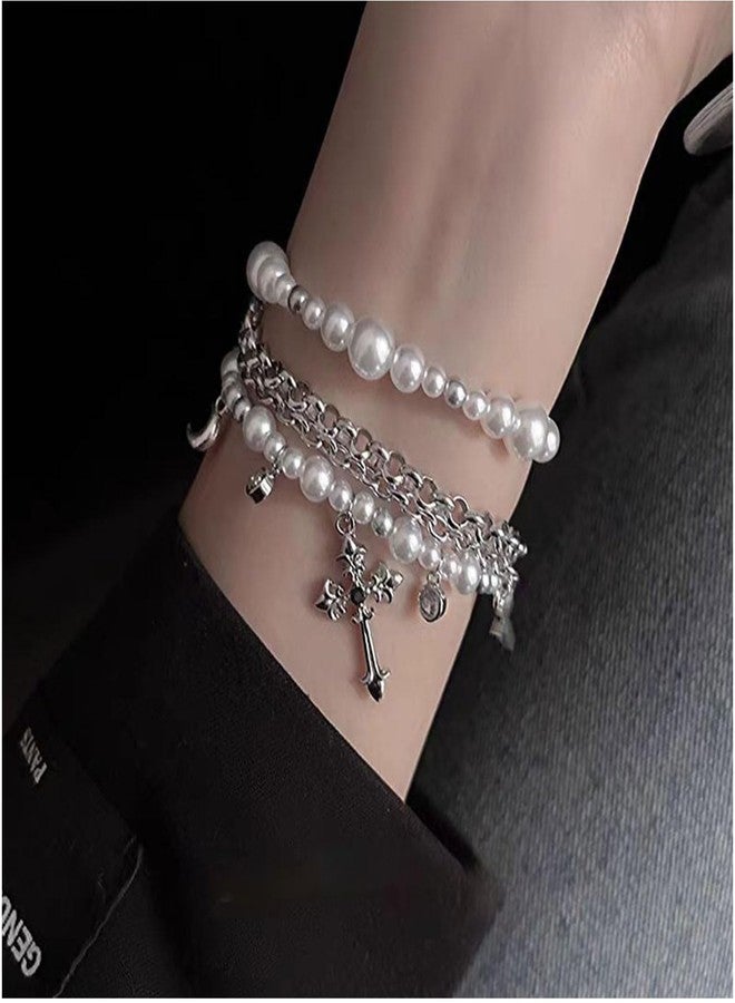 Decixde Pearl Bracelets for Women White Pearl Layered Bracelet Chunky Pearls Bracelet (Cross Pearl) - Image 3