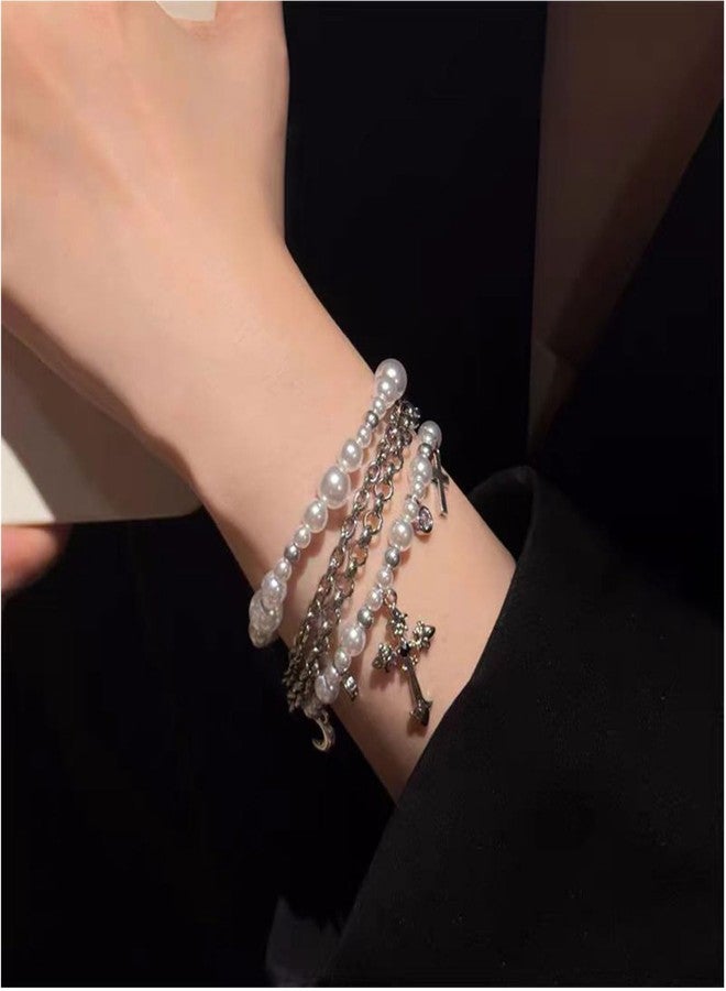 Decixde Pearl Bracelets for Women White Pearl Layered Bracelet Chunky Pearls Bracelet (Cross Pearl) - Image 2