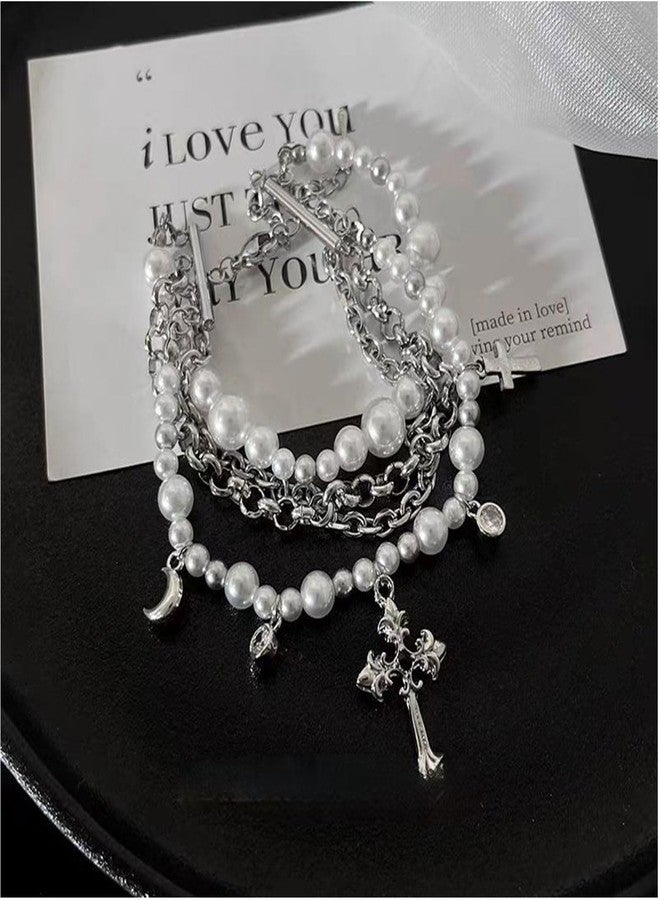 Decixde Pearl Bracelets for Women White Pearl Layered Bracelet Chunky Pearls Bracelet (Cross Pearl) - Image 5