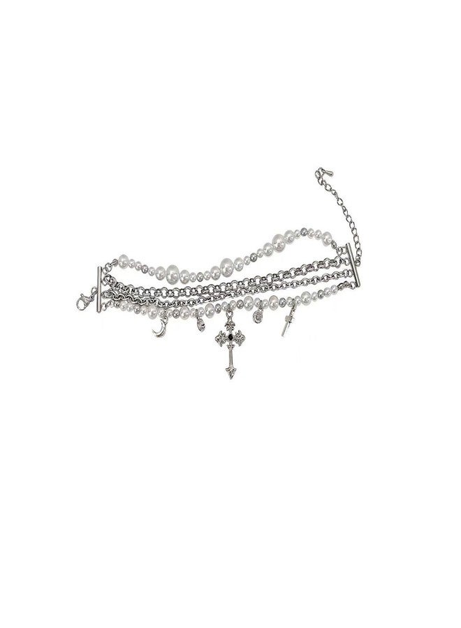 Decixde Pearl Bracelets for Women White Pearl Layered Bracelet Chunky Pearls Bracelet (Cross Pearl) - Image 1