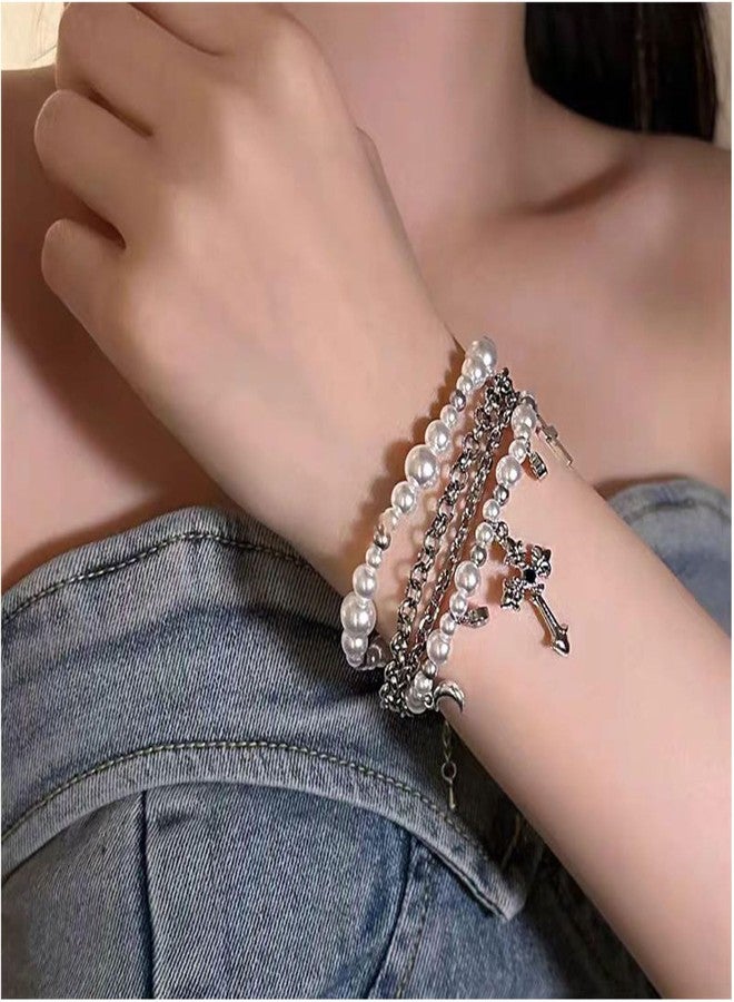 Decixde Pearl Bracelets for Women White Pearl Layered Bracelet Chunky Pearls Bracelet (Cross Pearl) - Image 4
