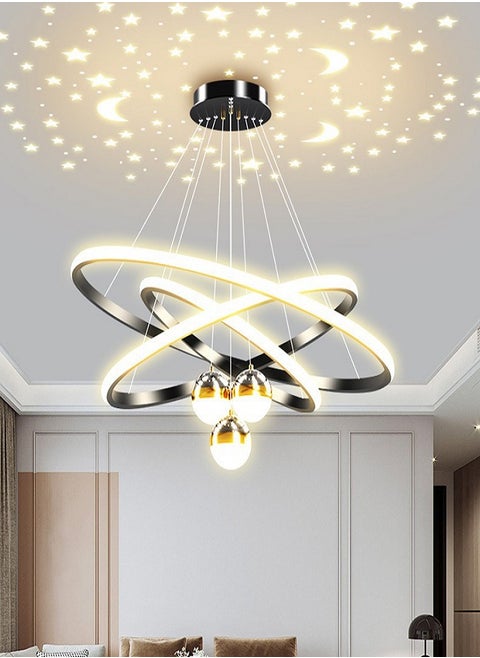 Modern LED Chandelier, 3 Rings Chandelier for Living Room with Remote Control , 3-Ball Dimmable chandelier with Mappable Lighting, High Ceiling Hanging Restaurant LED Chandelier for Dining Room
