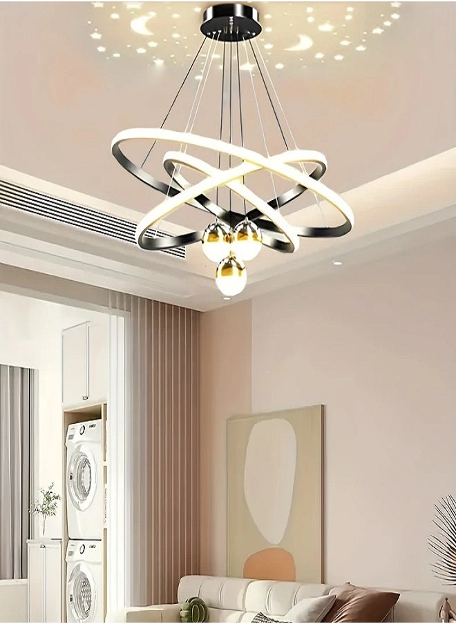 Modern LED Chandelier, 3 Rings Chandelier for Living Room with Remote Control , 3-Ball Dimmable chandelier with Mappable Lighting, High Ceiling Hanging Restaurant LED Chandelier for Dining Room