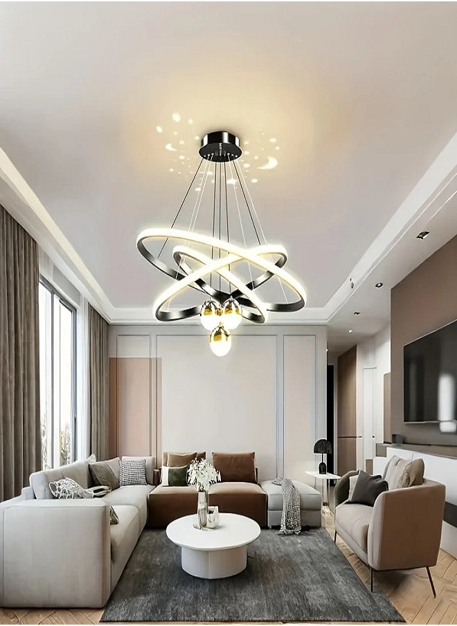 Modern LED Chandelier, 3 Rings Chandelier for Living Room with Remote Control , 3-Ball Dimmable chandelier with Mappable Lighting, High Ceiling Hanging Restaurant LED Chandelier for Dining Room