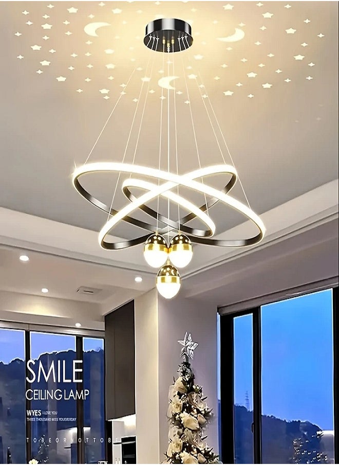 Modern LED Chandelier, 3 Rings Chandelier for Living Room with Remote Control , 3-Ball Dimmable chandelier with Mappable Lighting, High Ceiling Hanging Restaurant LED Chandelier for Dining Room