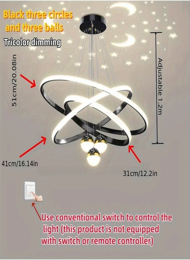 Modern LED Chandelier, 3 Rings Chandelier for Living Room with Remote Control , 3-Ball Dimmable chandelier with Mappable Lighting, High Ceiling Hanging Restaurant LED Chandelier for Dining Room
