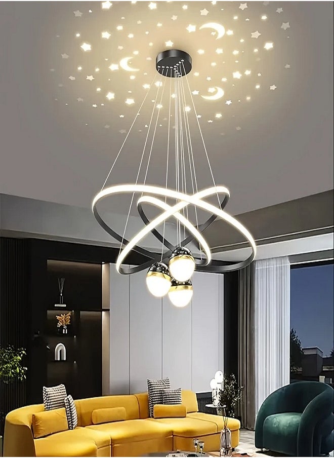 Modern LED Chandelier, 3 Rings Chandelier for Living Room with Remote Control , 3-Ball Dimmable chandelier with Mappable Lighting, High Ceiling Hanging Restaurant LED Chandelier for Dining Room