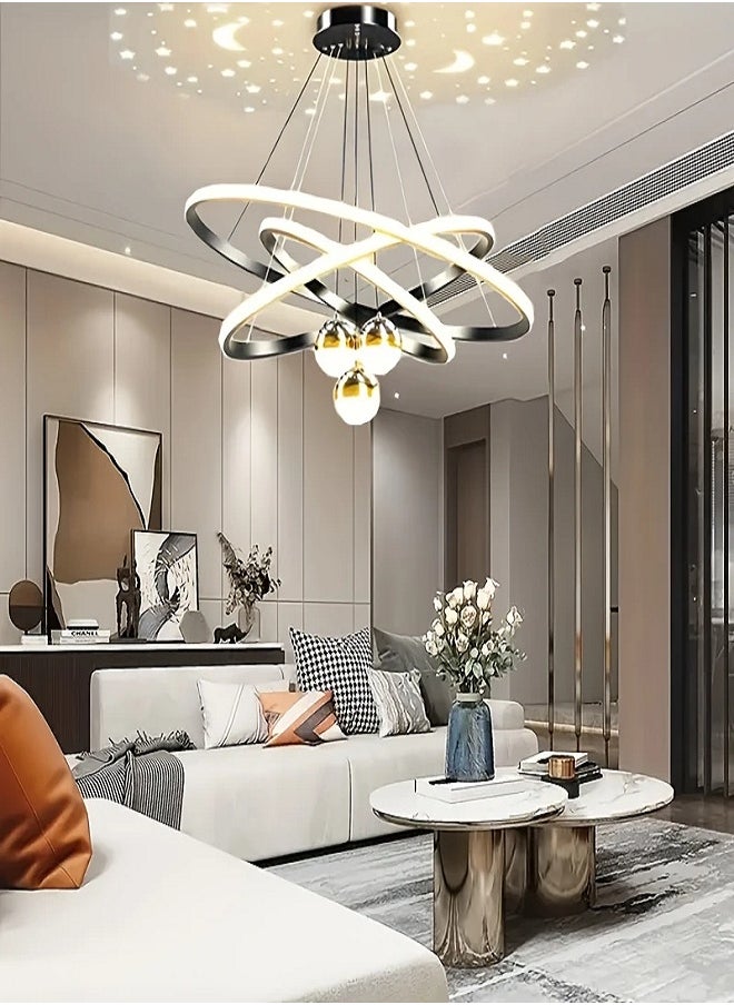 Modern LED Chandelier, 3 Rings Chandelier for Living Room with Remote Control , 3-Ball Dimmable chandelier with Mappable Lighting, High Ceiling Hanging Restaurant LED Chandelier for Dining Room