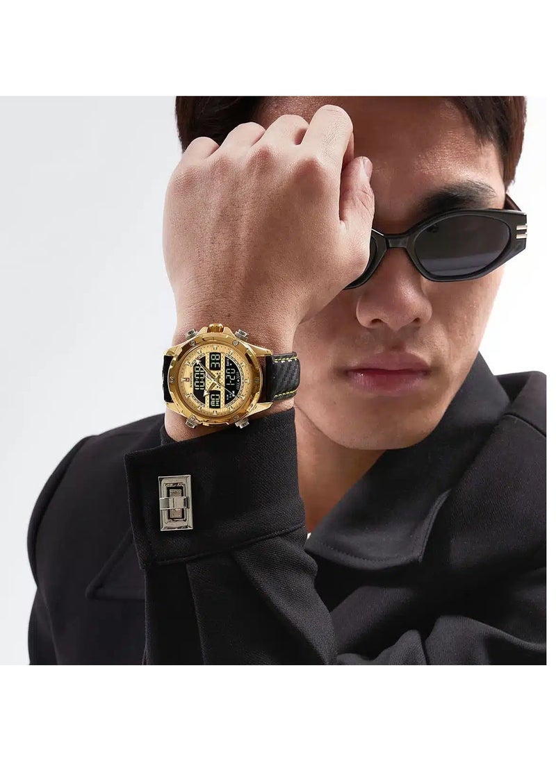 Unisex Analog+Digital Round Shape Leather Wrist Watch NF9194 G/G/B - 45 Mm