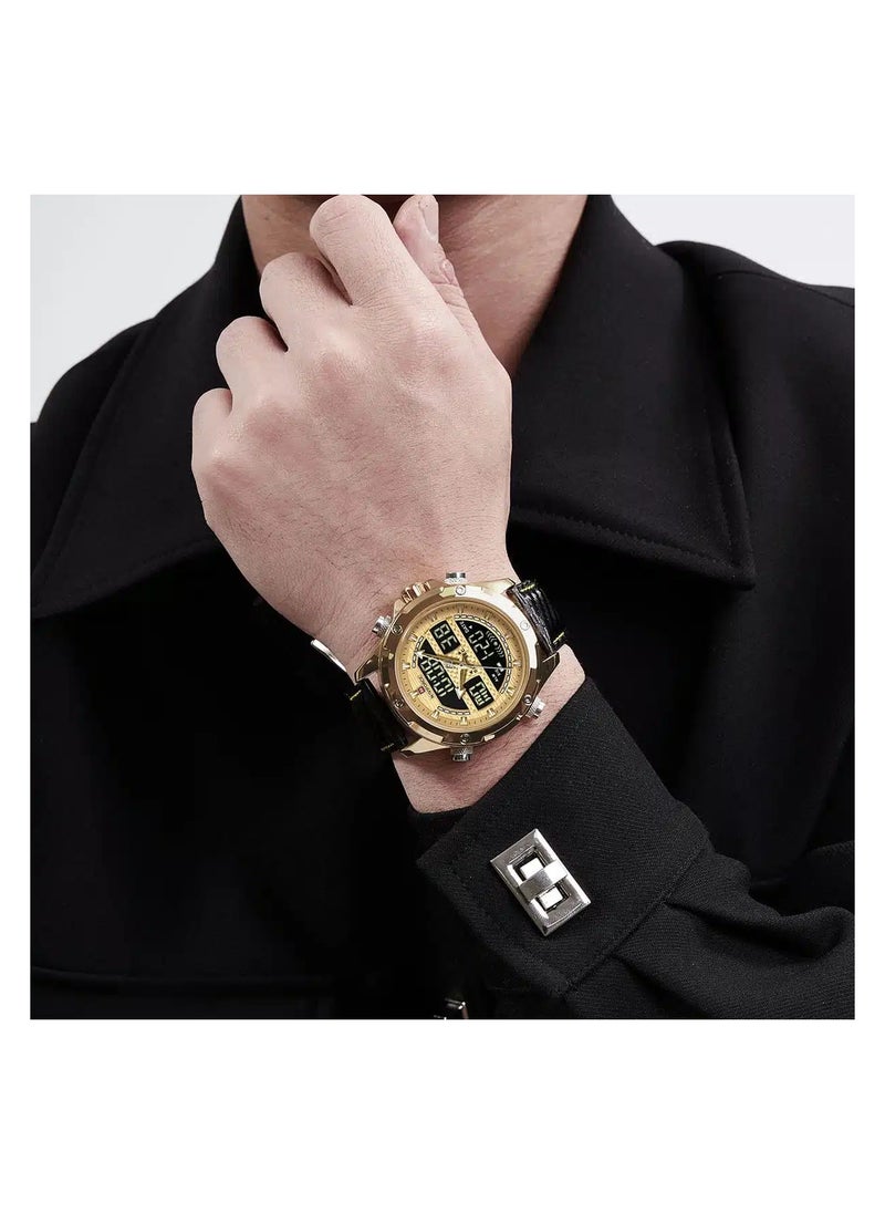 Unisex Analog+Digital Round Shape Leather Wrist Watch NF9194 G/G/B - 45 Mm
