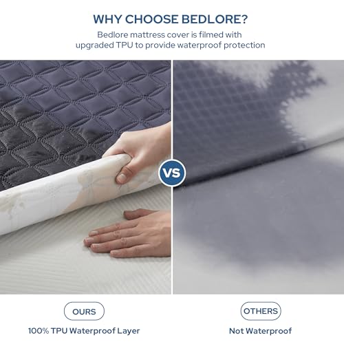 BEDLORE حامي مرتبة BEDLORE المقاوم للماء، حجم كينغ، وسادة مرتبة صامتة مع جيب عميق بعمق 6"-18"، غطاء مرتبة سرير ناعم وقابل للغسل للاستخدام المنزلي، غرفة النوم، الفندق (أزرق داكن) - Image 2
