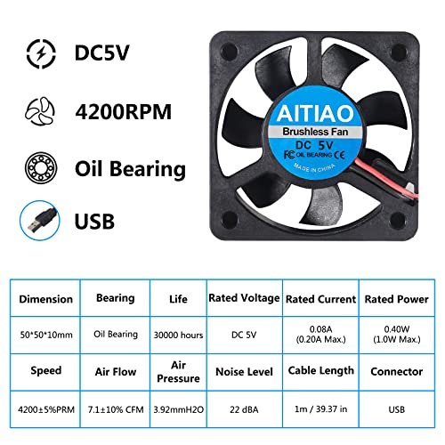 AITIAO 6Pcs 50mm USB Brushless Cooling Fan 50mm x10mm DC 5V Quiet Cooling Fan 5010 Mini Computer Fan for Small Appliances Series Replacement(5010 5V) - Image 4