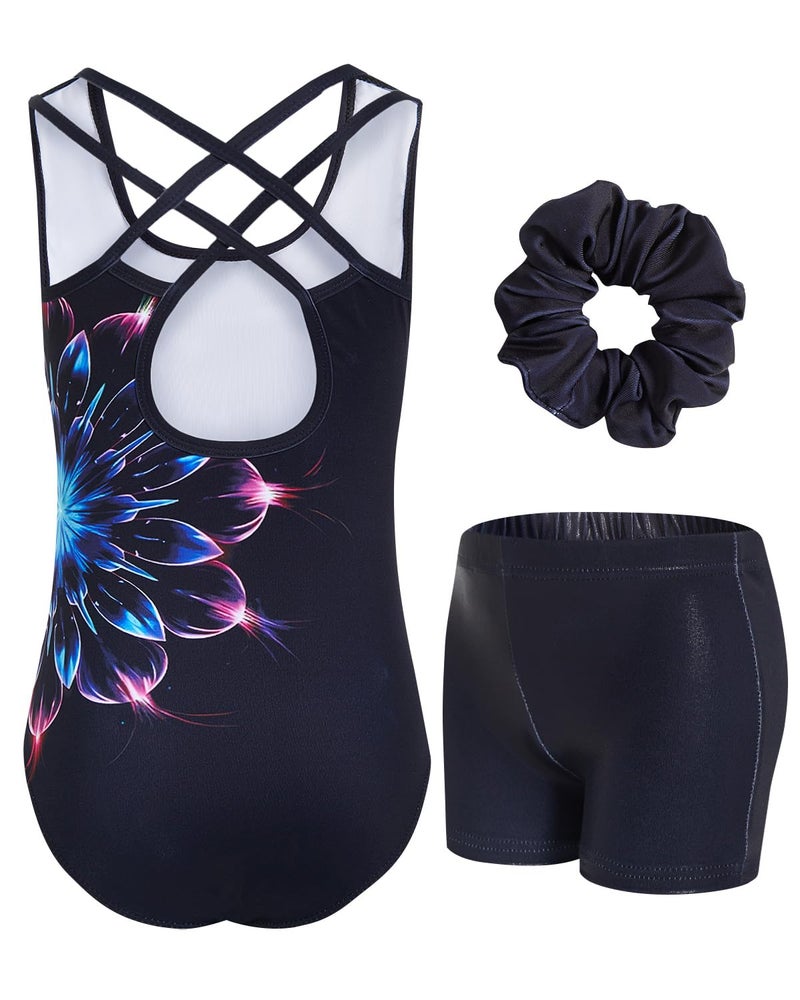 JiAmy Girls Gymnastics Leotards Cross back 3 Piece Unitards Glitter Ballet Dance Biketards Activewear for Kids 8-9 Years - Image 1