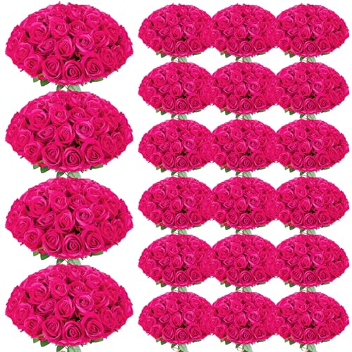 Ovveroche 150 Pcs Roses Artificial Flowers, Silk Hot Pink Artificial Flowers Petals Long Stem Roses for Wedding Bouquet Home Party Decor - Image 1