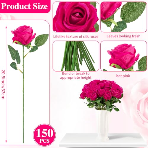 Ovveroche 150 Pcs Roses Artificial Flowers, Silk Hot Pink Artificial Flowers Petals Long Stem Roses for Wedding Bouquet Home Party Decor - Image 2