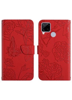 HuHa Case Cover For Realme C15 / C12 Skin Feel Butterfly Peony Embossed Leather Phone Case Red 