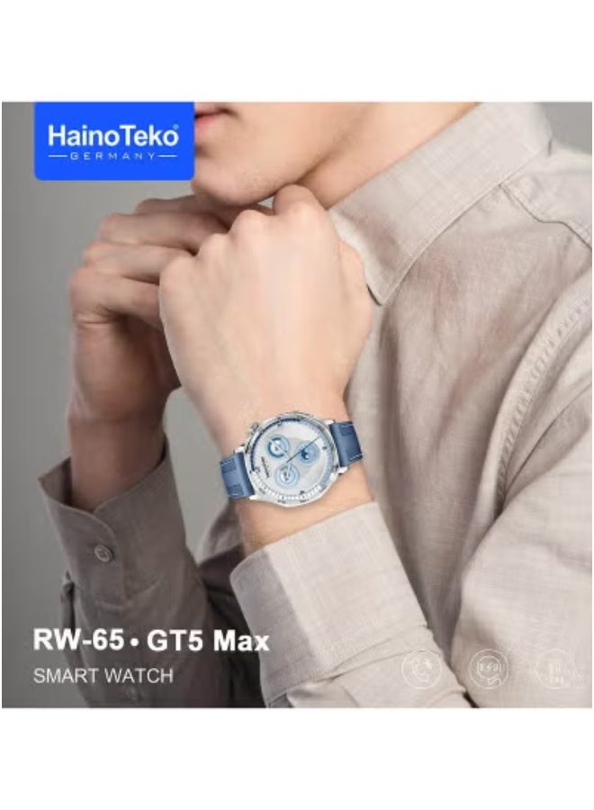 Haino Teko RW-64 GT5 Max Smartwatch for Men – 1.43-Inch AMOLED Full Touch Display with High Brightness & Crisp Clarity – Built-In Voice Assistant for Hands-Free Use – Includes 3 Interchangeable Straps – Sleek Blue Design with Fitness Tracker, Heart Rate Monitor & Smart Notifications  - Image 3