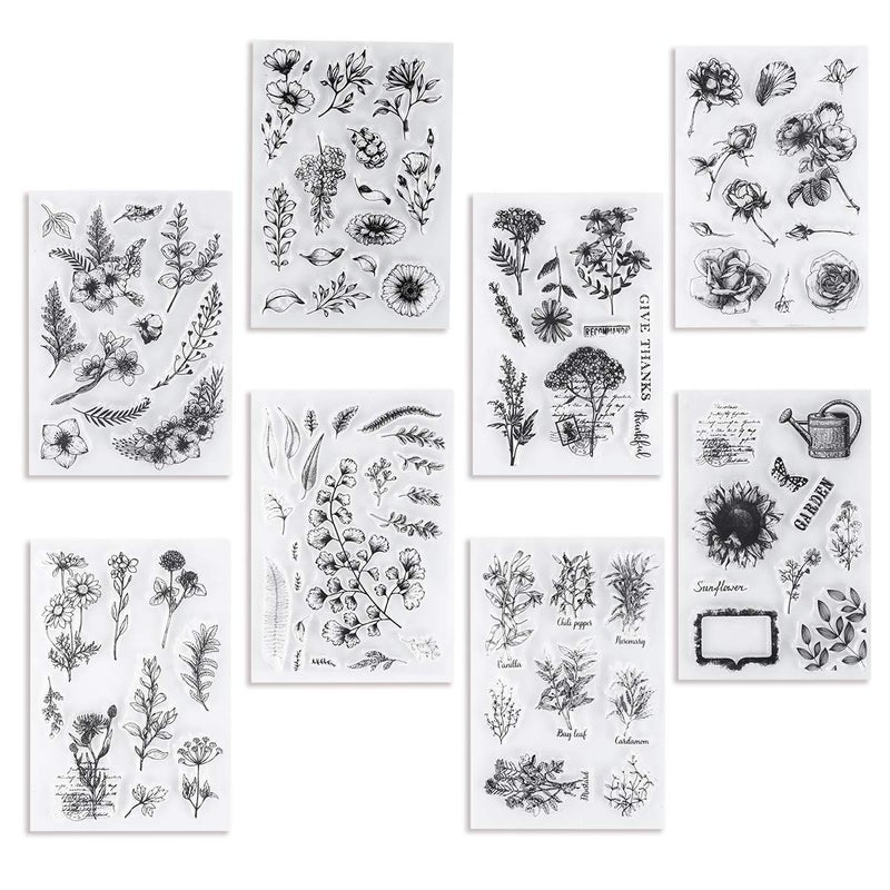 UCEC 8 Sheets Flower Clear Stamps for Card Making Silicone Stamps for Crafting Flower Stamp Clear Rubber Flowers Vintage Plants and Decoration and DIY Scrapbooking
