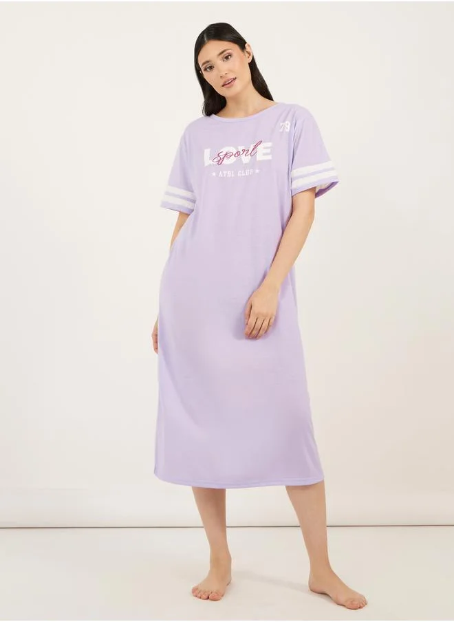 ستايلي Styli Graphic Print Stripe Sleeves Round Neck Sleep T-Shirt Dress