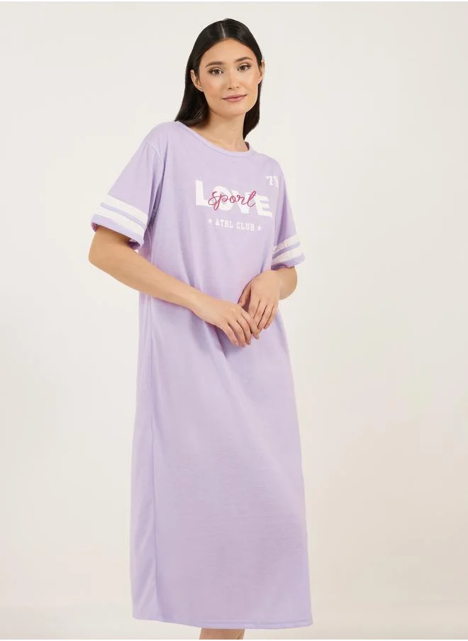 ستايلي Styli Graphic Print Stripe Sleeves Round Neck Sleep T-Shirt Dress