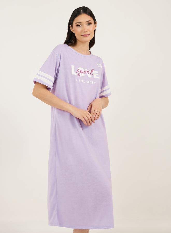 Styli Styli Graphic Print Stripe Sleeves Round Neck Sleep T-Shirt Dress - Image 2
