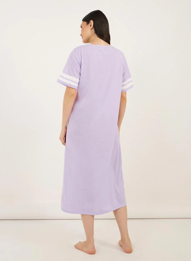 Styli Styli Graphic Print Stripe Sleeves Round Neck Sleep T-Shirt Dress