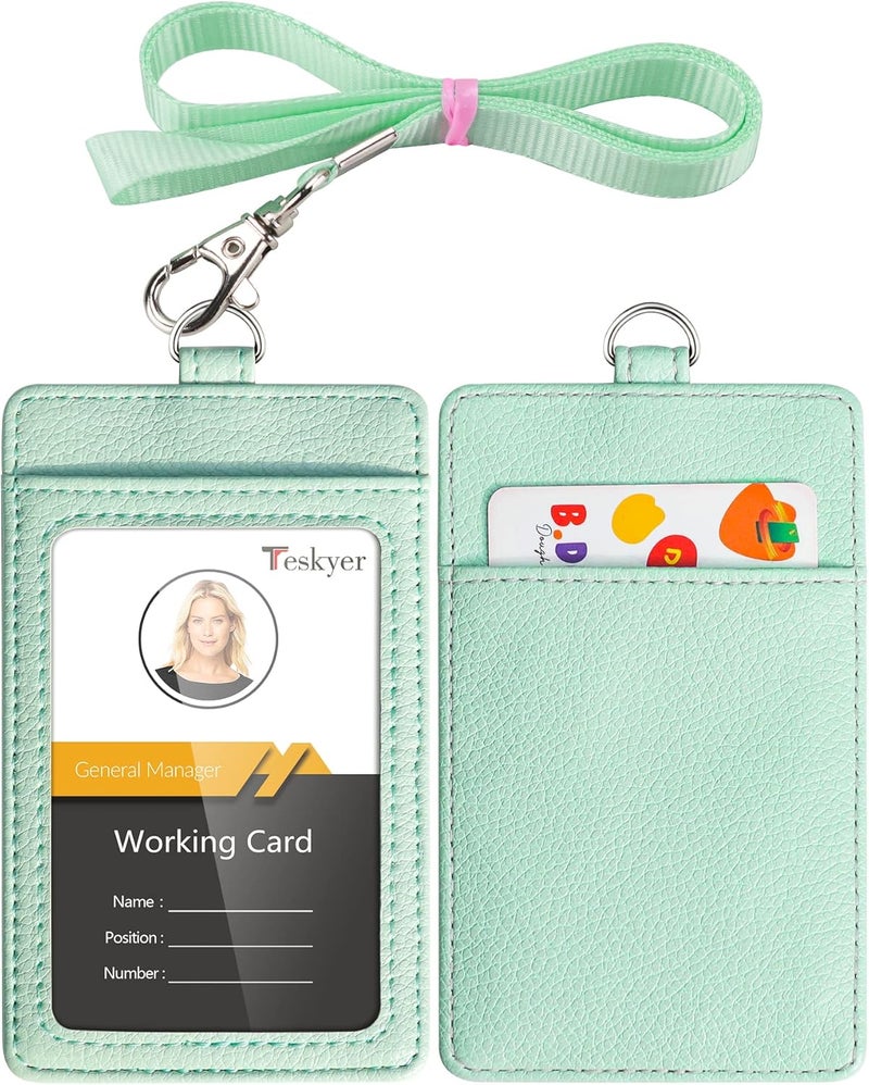 Teskyer Badge Holder with Lanyard, Leather ID Name Badge Card Holder with Lanyard for ID Badges, Vertical, Lychee Pattern Light Green - Image 1