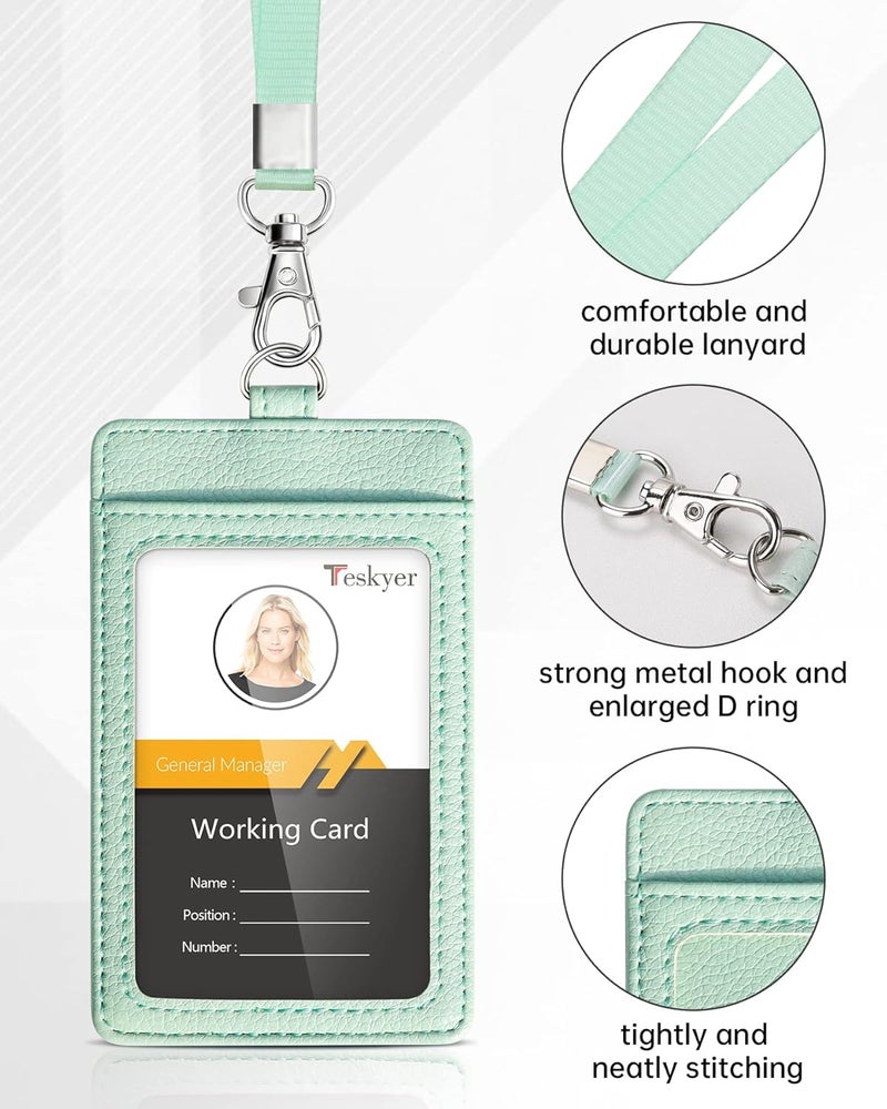 Teskyer Badge Holder with Lanyard, Leather ID Name Badge Card Holder with Lanyard for ID Badges, Vertical, Lychee Pattern Light Green - Image 3