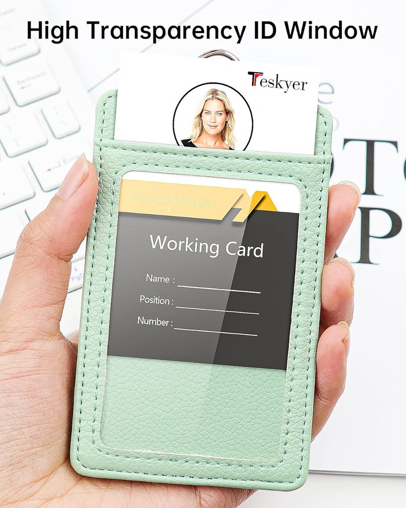 Teskyer Badge Holder with Lanyard, Leather ID Name Badge Card Holder with Lanyard for ID Badges, Vertical, Lychee Pattern Light Green - Image 4