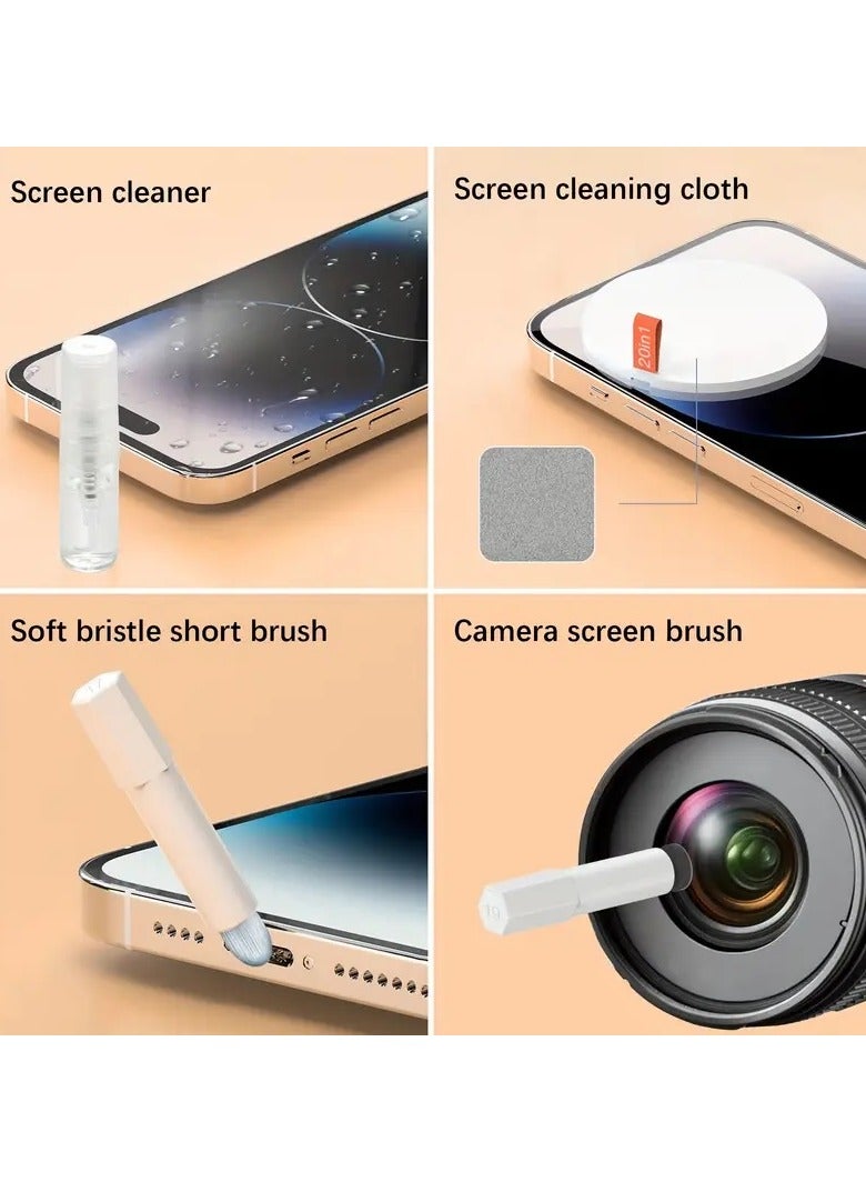 تشاين مجموعة تنظيف الألكترونيات 20*1, مجموعة متنوعة لتنظيف الإيربودز والكيبورد والجوال والسماعات والكثير , فرشات تنظيف بأحجام مختلفة وأدوات رفع وأداة بخاخ منظف ودبوس والكثير داخل علبة دائرية بزر إغلاق 8.9 * 5.7 سم أبيض - Image 4