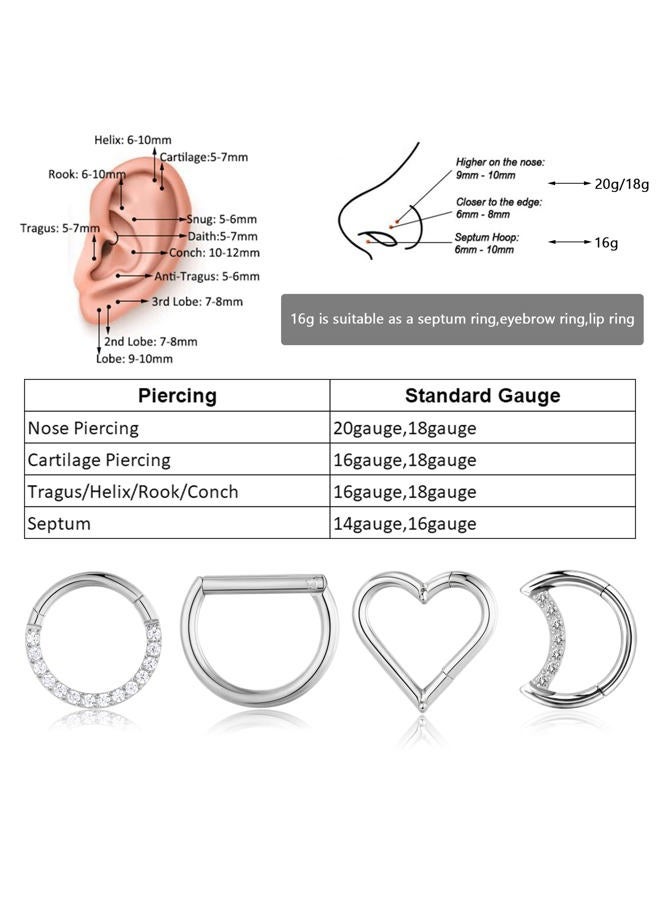 Lantine Teardrop Septum Ring Set 316 Stainless Steel Hinged Moon Daith Piercing Jewelry Segment Clicker Rook Snug Tragus Cartilage Hoop Earring 16g, Metal, steel - Image 5