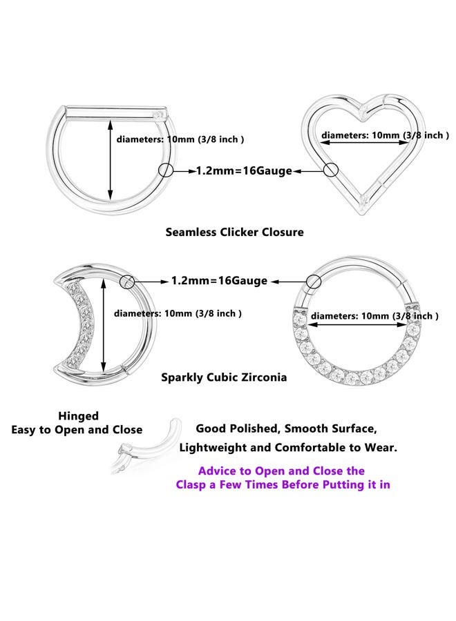 Lantine Teardrop Septum Ring Set 316 Stainless Steel Hinged Moon Daith Piercing Jewelry Segment Clicker Rook Snug Tragus Cartilage Hoop Earring 16g, Metal, steel - Image 2