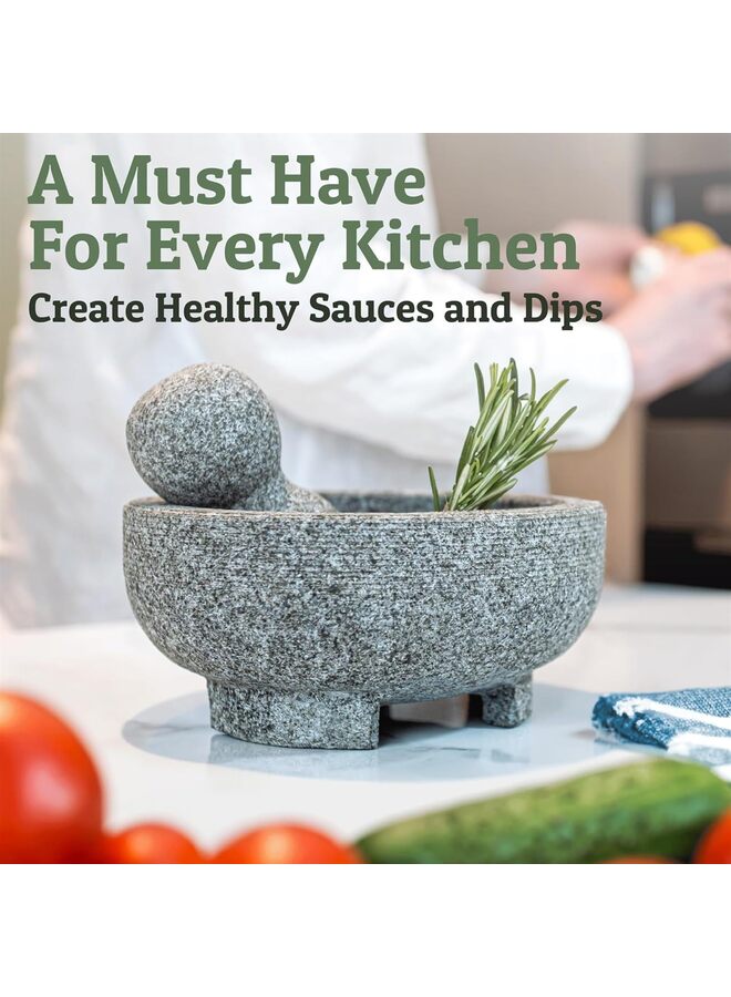 مجموعة هاون ومدقة من الجرانيت - حجر مكسيكي مقاس 8 بوصات للتوابل والبهارات والمعاجين - وعاء هاون ومدقة للجواكامولي الطازج والصلصة والبيستو - Image 2