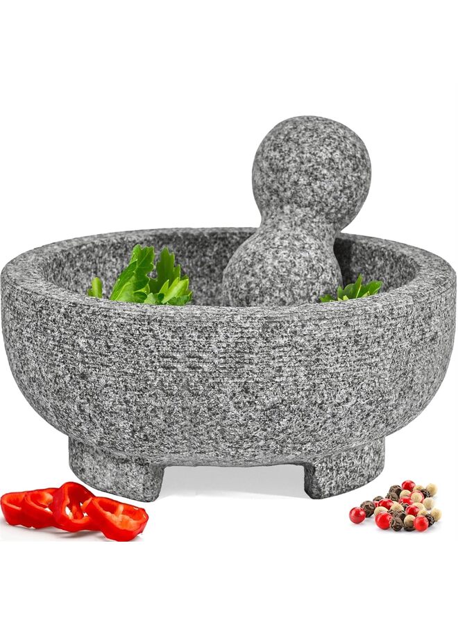 مجموعة هاون ومدقة من الجرانيت - حجر مكسيكي مقاس 8 بوصات للتوابل والبهارات والمعاجين - وعاء هاون ومدقة للجواكامولي الطازج والصلصة والبيستو - Image 1