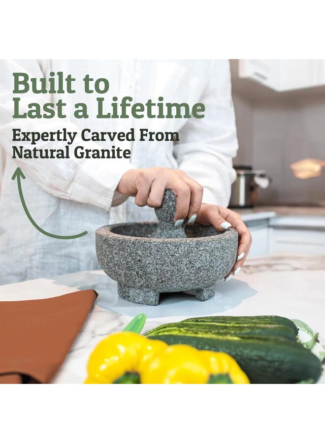 مجموعة هاون ومدقة من الجرانيت - حجر مكسيكي مقاس 8 بوصات للتوابل والبهارات والمعاجين - وعاء هاون ومدقة للجواكامولي الطازج والصلصة والبيستو - Image 3