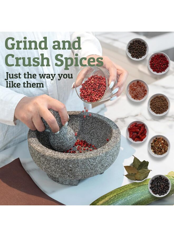 مجموعة هاون ومدقة من الجرانيت - حجر مكسيكي مقاس 8 بوصات للتوابل والبهارات والمعاجين - وعاء هاون ومدقة للجواكامولي الطازج والصلصة والبيستو - Image 4