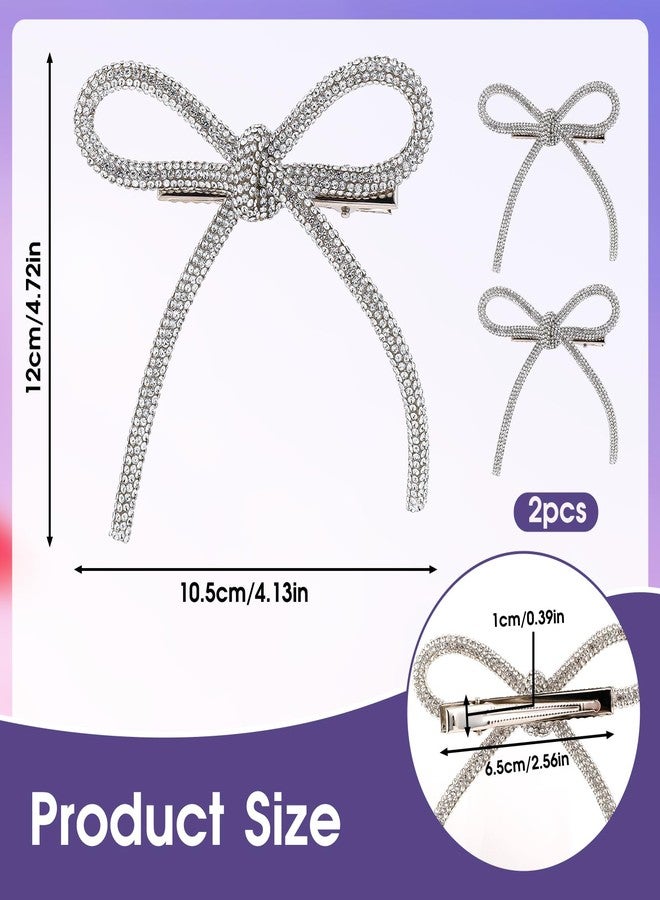 Styquenzer 2 Pcs Bow Hair Clips Rhinestone Hair Accessories Silver Hair Bows for Women Crystal Prom Hair Decoration Non-Slip Jeweled Bowknot Clips Duckbill Hair Barrettes for Girls Thick Long Short Hair - Image 3