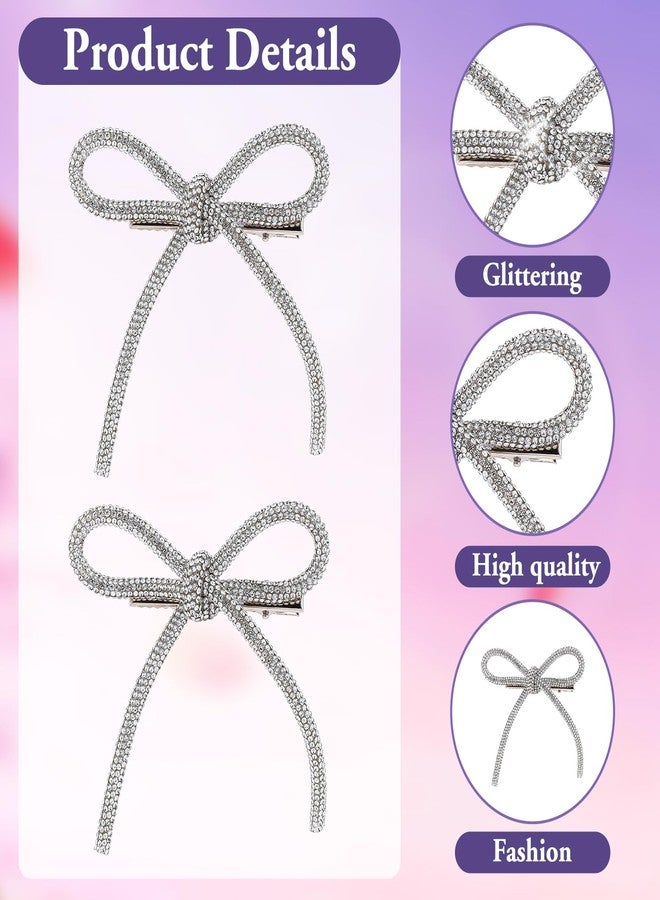 Styquenzer 2 Pcs Bow Hair Clips Rhinestone Hair Accessories Silver Hair Bows for Women Crystal Prom Hair Decoration Non-Slip Jeweled Bowknot Clips Duckbill Hair Barrettes for Girls Thick Long Short Hair - Image 2