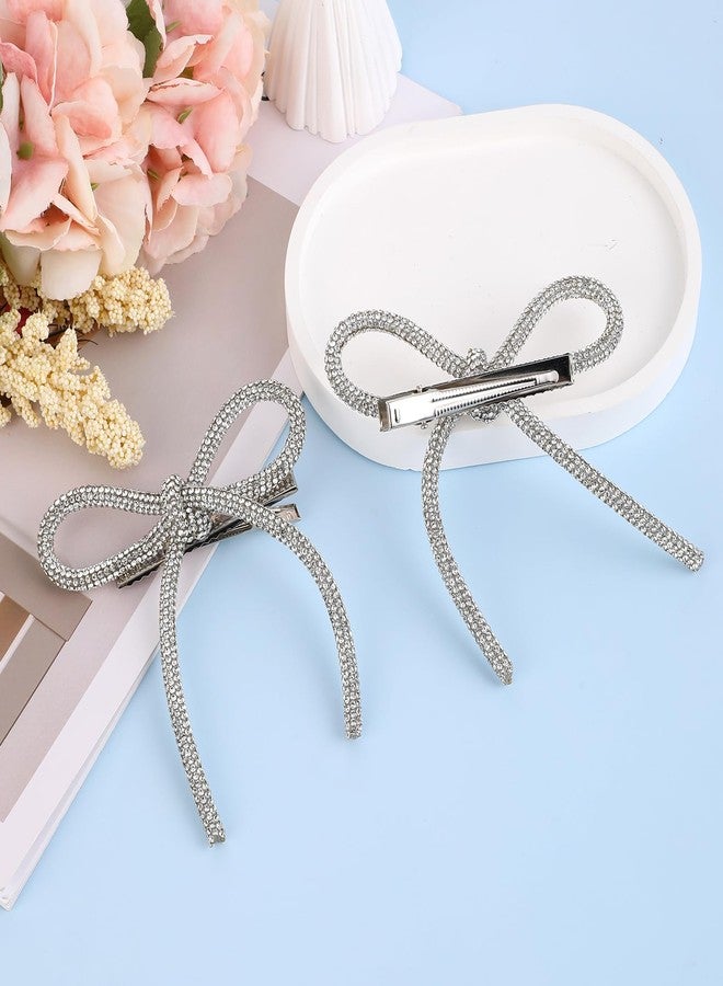 Styquenzer 2 Pcs Bow Hair Clips Rhinestone Hair Accessories Silver Hair Bows for Women Crystal Prom Hair Decoration Non-Slip Jeweled Bowknot Clips Duckbill Hair Barrettes for Girls Thick Long Short Hair - Image 4