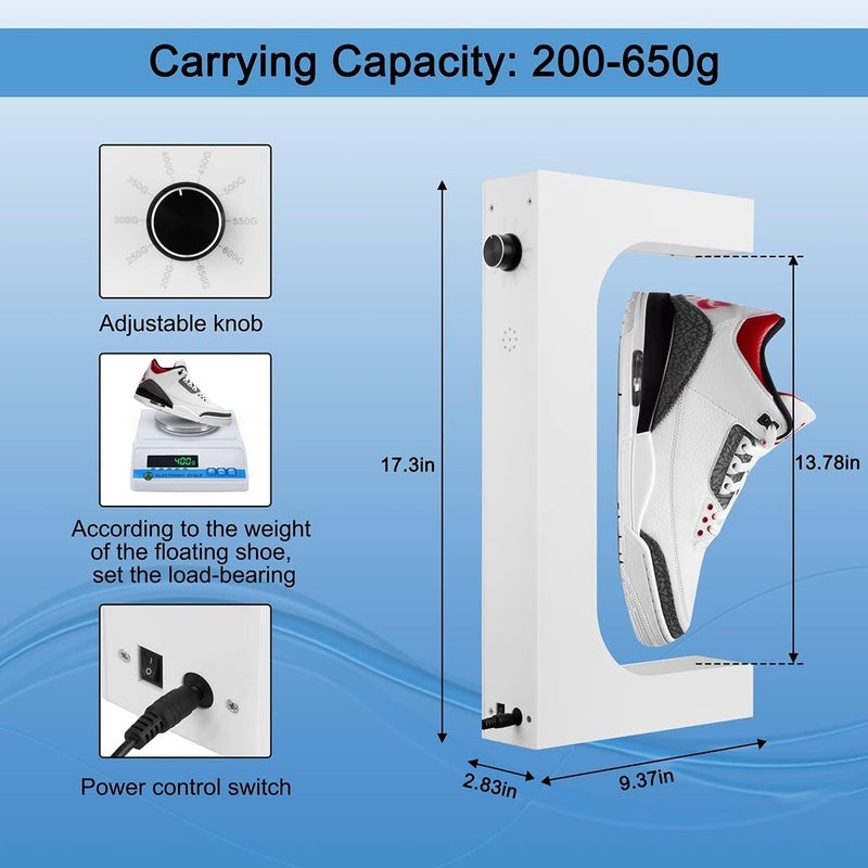 UVEHAS Levitating Shoe Display Magnetic Levitation Sneaker Stand with LED Light, Rotating Floating Holder Rack for Shoes Collectors Advertising Exhibition Shoe Store Show Home Decoration, White - Image 2