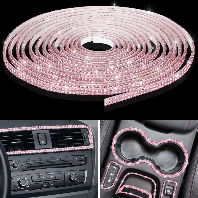 Kingdder 32.8Ft Bling Car Trim Self Adhesive Glitter Crystal Rhinestone Car Interior Exterior Accessories for Women DIY Line Molding Stickers for Auto Dashboard Diamond Ribbon Strips Decor (Pink) - Image 1