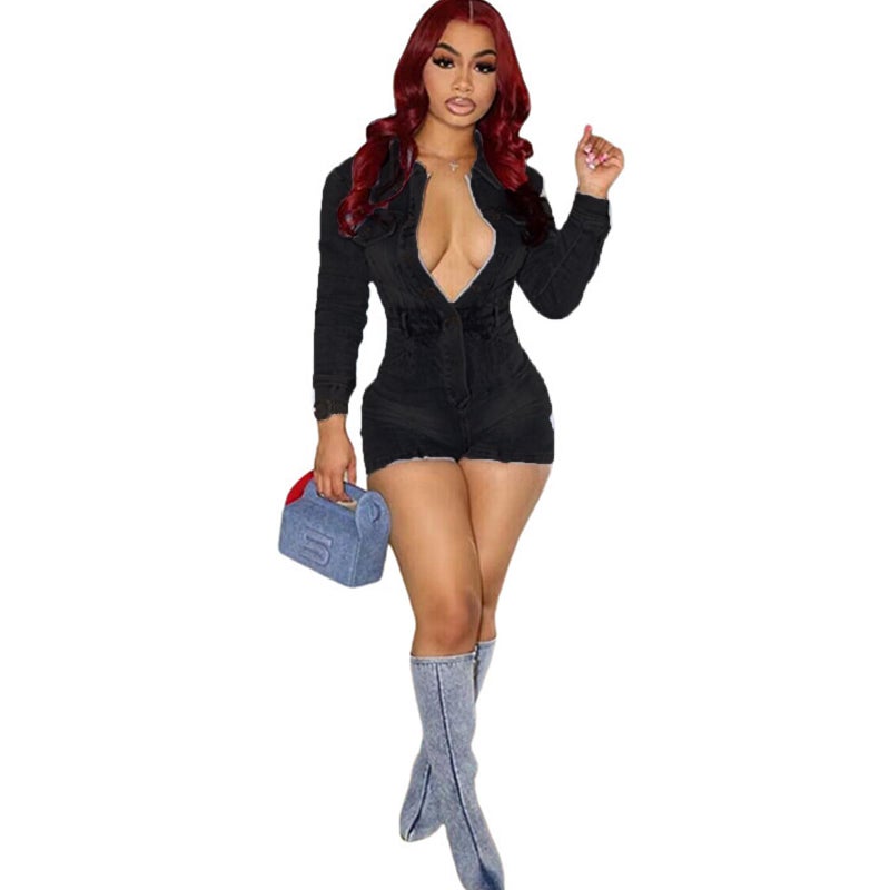 Molilove Women's Vintage Short Denim Jumpsuit Long Sleeve Button Down Jean Jumpsuit Romper with Pocket Sexy Going Out Outfits - Image 5