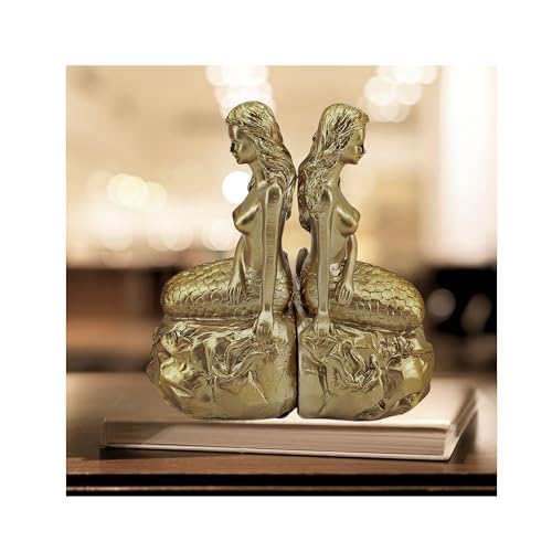 Bellaa 23460 Mermaid Bookends Vintage Decorative Book Ends Stopper Library Shelves Ariel Greek Mythology Fairytales Legends Fantasy Statues Queen Beauty Pageant Trophy Awards Golden 7 Inch - Image 2