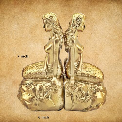 Bellaa 23460 Mermaid Bookends Vintage Decorative Book Ends Stopper Library Shelves Ariel Greek Mythology Fairytales Legends Fantasy Statues Queen Beauty Pageant Trophy Awards Golden 7 Inch - Image 5