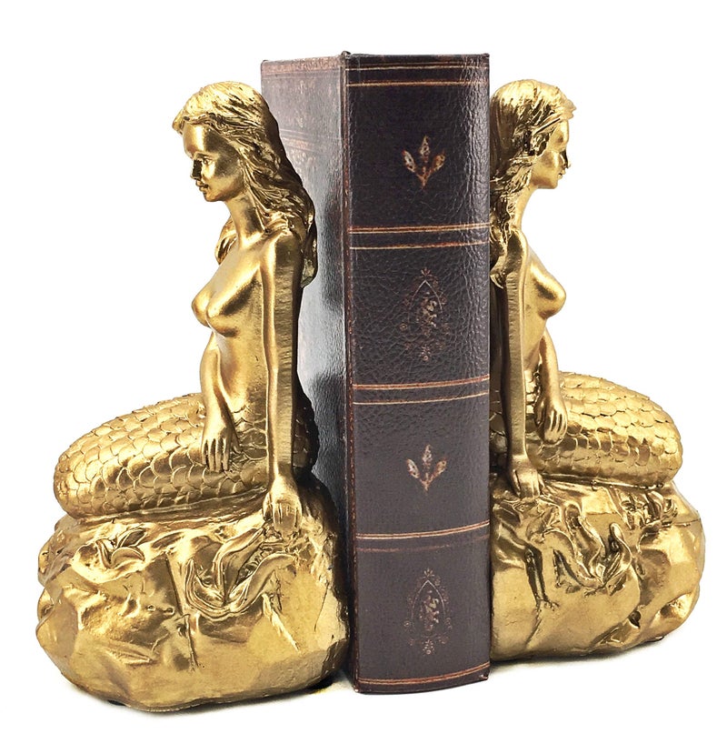 Bellaa 23460 Mermaid Bookends Vintage Decorative Book Ends Stopper Library Shelves Ariel Greek Mythology Fairytales Legends Fantasy Statues Queen Beauty Pageant Trophy Awards Golden 7 Inch - Image 1