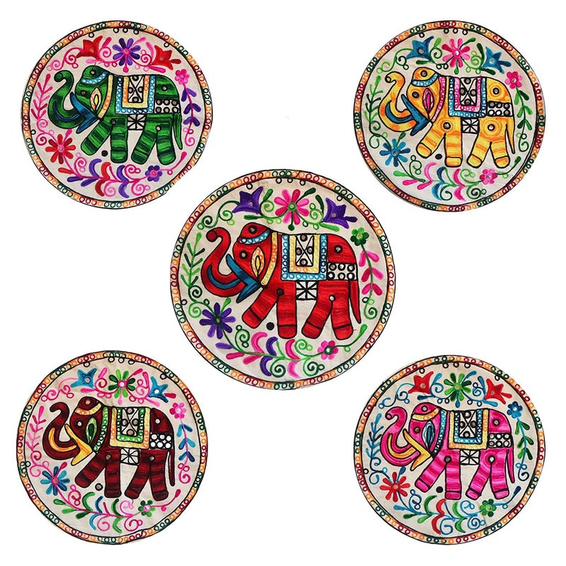 STLYZ Round Rajasthani Ethnic Embroidered Khadi Cushion Cover 16x16 Inch Pack of 5 Design 05