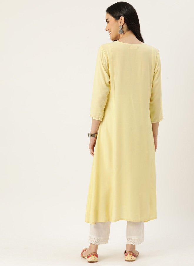 Rue Collection Yellow Ethnic Motifs Embellished Kurta for Women - Image 4