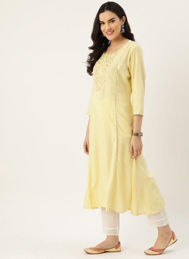 Rue Collection Yellow Ethnic Motifs Embellished Kurta for Women - Image 3
