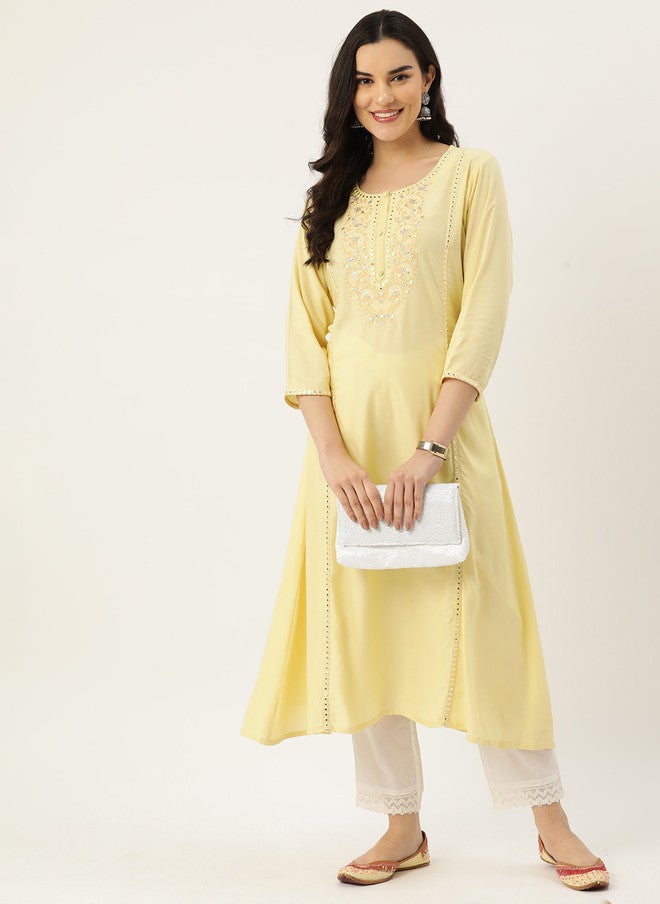 Rue Collection Yellow Ethnic Motifs Embellished Kurta for Women - Image 5